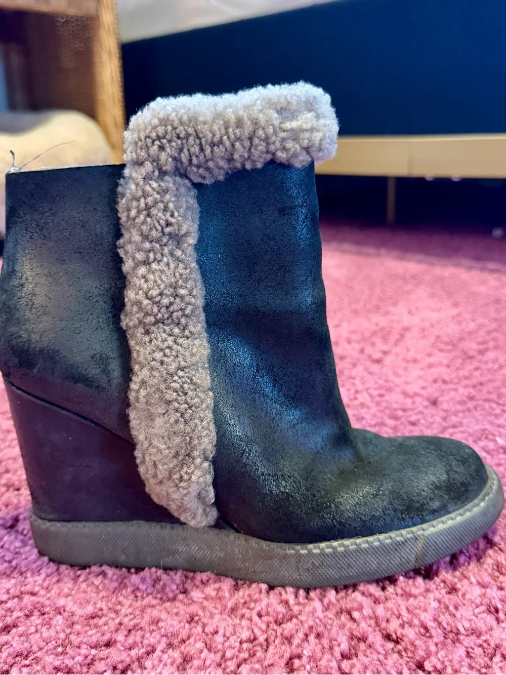 Chloe See By Chloe Black Wedge Ankle Boots with Brown Shearling Trim - US 8